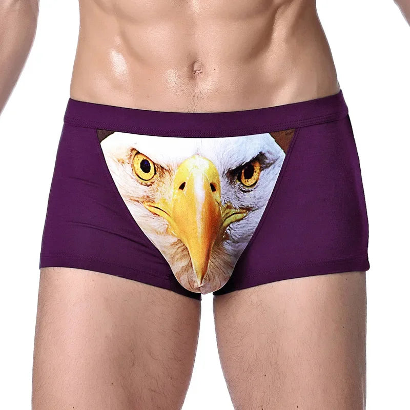 Men's Unique 3D Printed Wolf Eagle Head Flat Angle Pants Mid-waist Boxer Shorts Breathable Knitted Modal Fabric