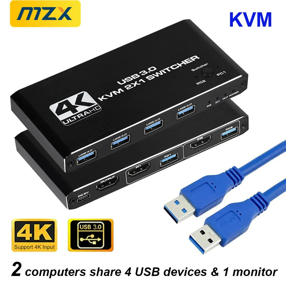MZX 2-In-1-Out KVM Switch 4K 60Hz HDMI-compatible USB 3.0 Hub Switcher Docking Station Dock Computers PC Share Keyboard Printer Secondary image