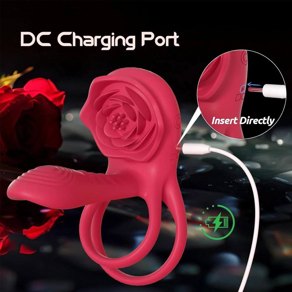 Rose Penis Ring Vibrator Female G-spot Clitoral Stimulation Male Ejaculation Delay Silicone CockRing Adult Sex Toy for Couples