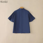 2026 ZANZEA Elegant Summer Blouse Women Stand Neck Short Sleeve Tops Stylish Solid OL Work Shirt Casual Lace-Up Holiday Tunic