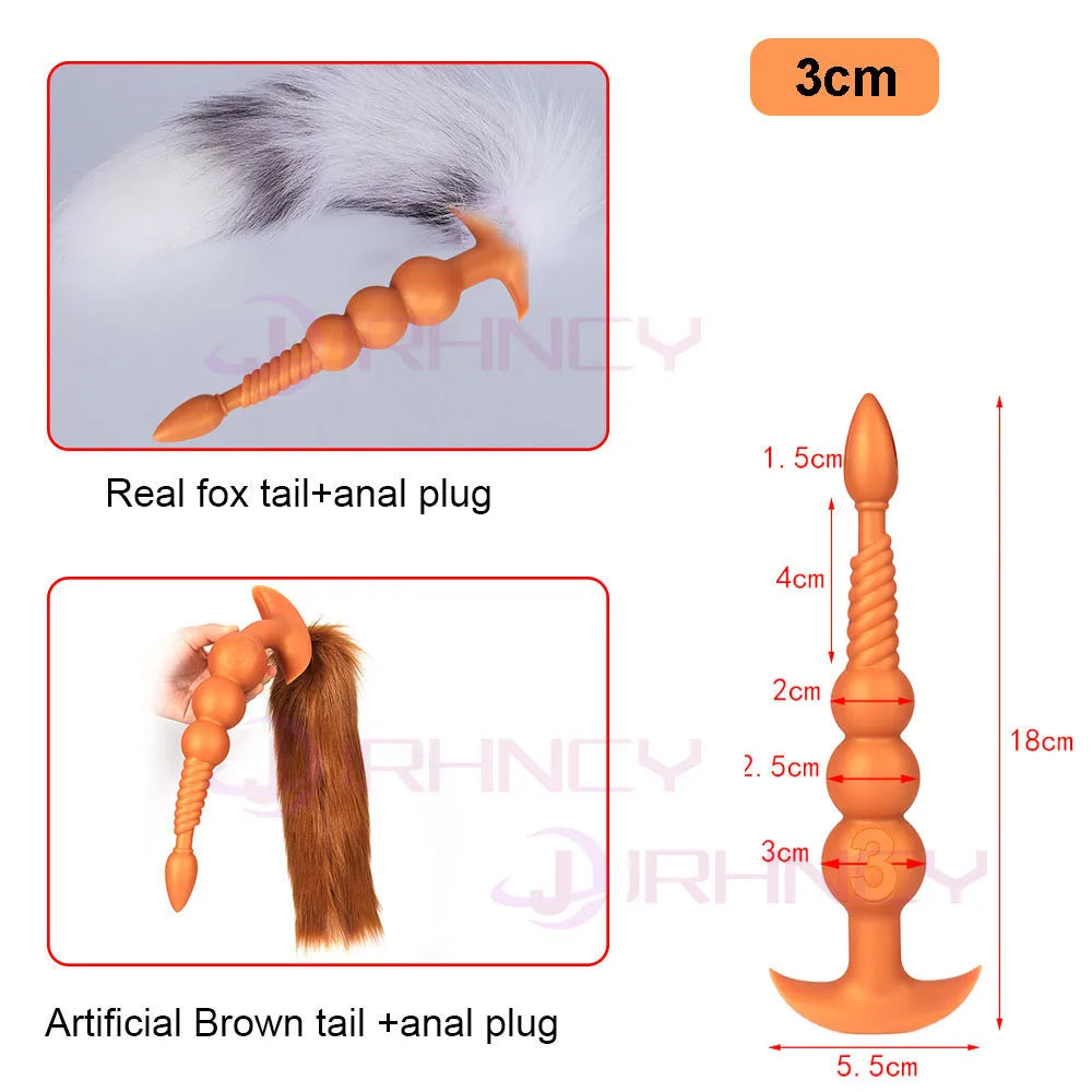 3-10cm Huge Anal Plug with Tail Sex Toys for Adult Games Couples DIY Cosplay Big Butt Plug Silicone Soft Long Anal Beads Women