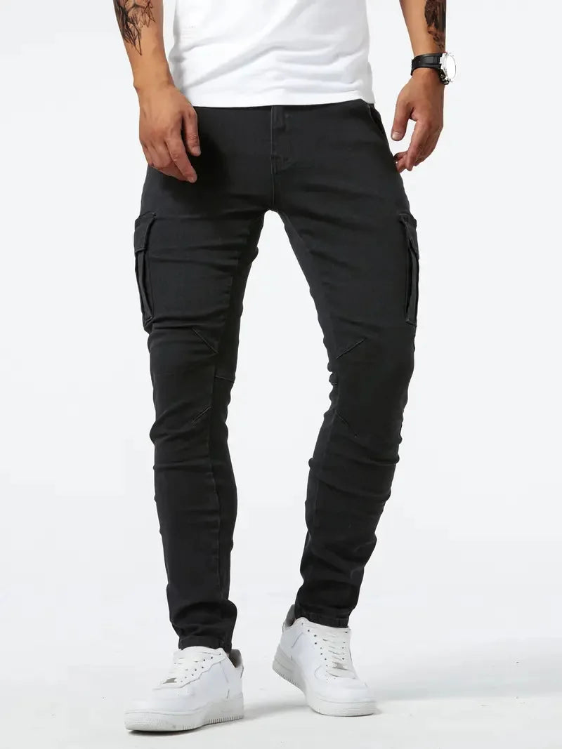 Men's street stretch denim jeans, washed solid color multi pocket work pants, casual slim fit, daily wear, jogging pants, mid wa
