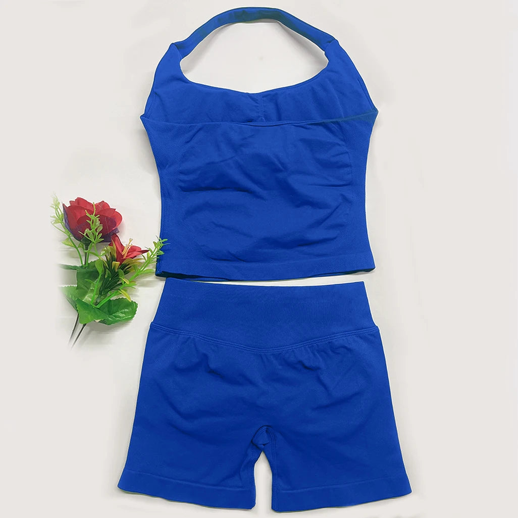 yoga outfits Women 2 pcs Sports DFNNYE Impact Set halterneck Backless Halter Top Seamless Scrunch Shorts Gym Workout Sports Suit