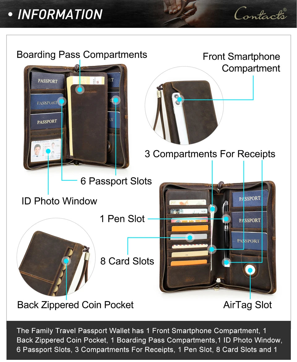 Family Passport Wallet with AirTag Slot for Travel Genuine Leather Credit Card Boarding Pass Holder Pen Cover Money Clutch Bag