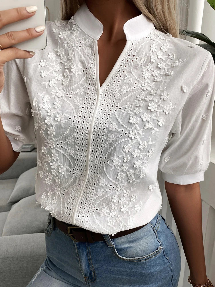 Summer Floral Embroidery Lace Blouse Fashion Women V Neck Casual Shirt Chic Short Sleeve Hollow Out Tops Elegant Blusas 24350 Main image