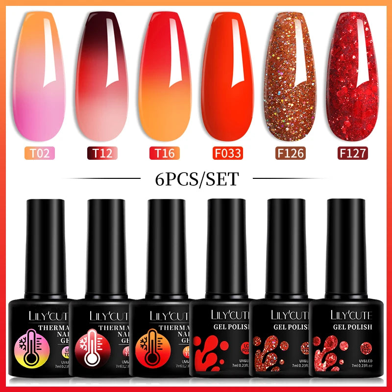 LILYCUTE 7ML 6PCS Neon Gel Nail Polish Set fluorescent Series Color Changing Semi Permanent Soak Off Manicure kit Nail Art Gel
