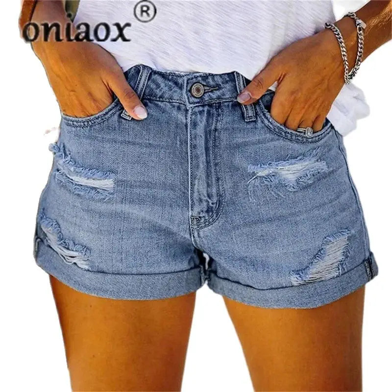 2024 Summer New Women Crimping Button Up Stretch Sexy Hole Jean Shorts High Waist Skinny Streetwear Trendy Ripped Denim Shorts