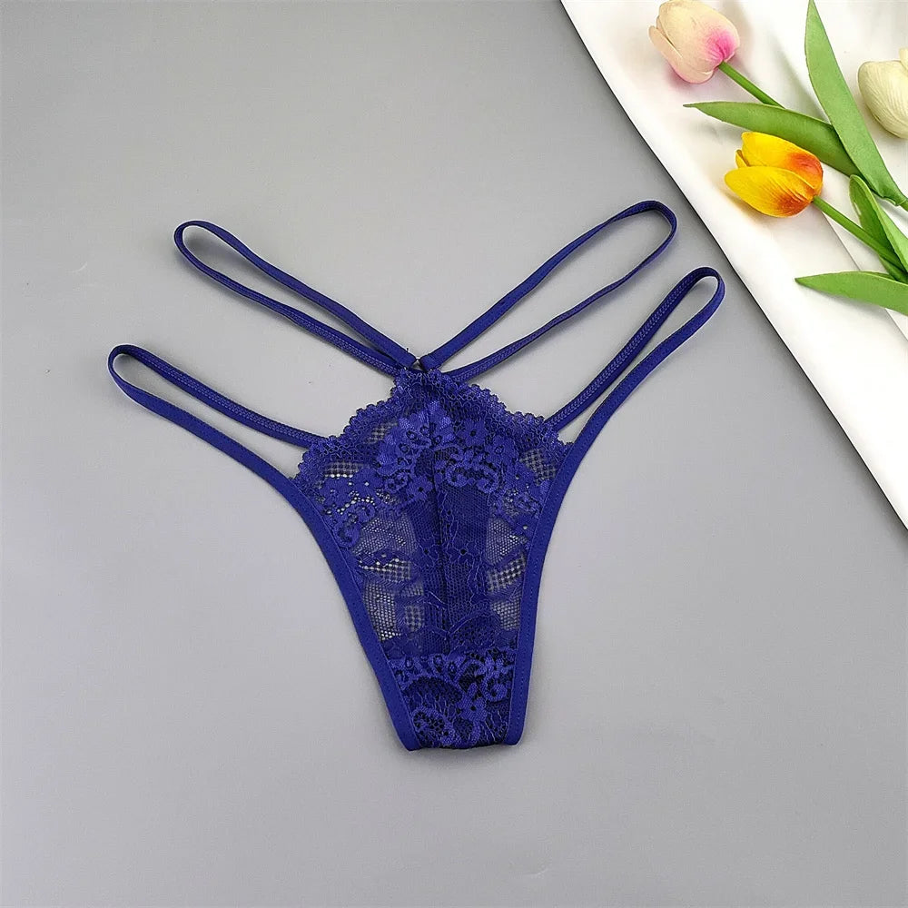 3 Pcs Lace Thin Strap Thong Women Low Waist Sexy Perspective Underwear Ladies Transparent G-string Panty Plus Size T-back
