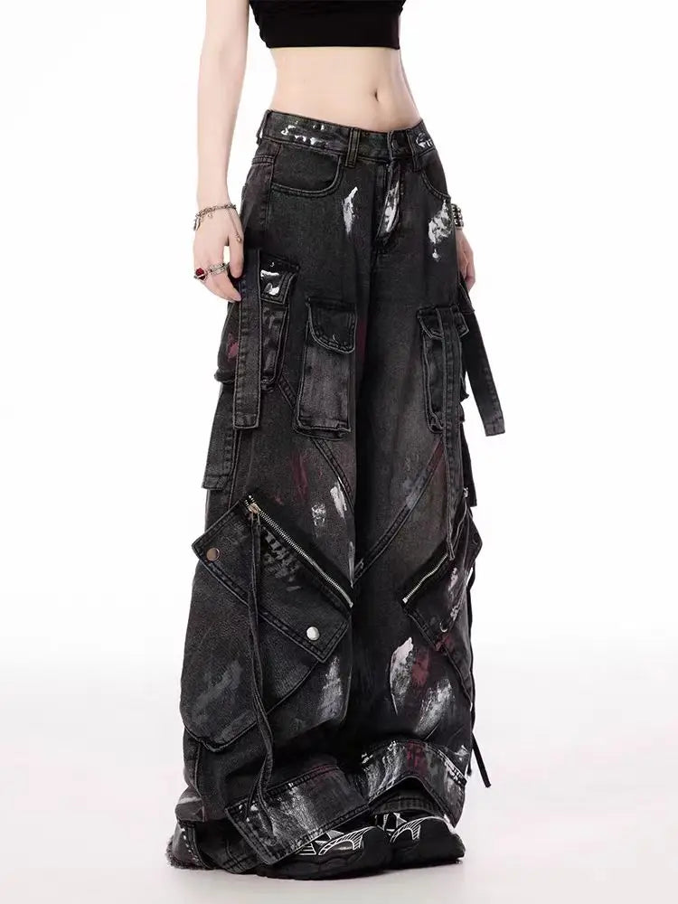 Y2K Harajuku Gothic Multi-Pocket Washed Black Jeans Men And Women 2000s Heavy Industry Drag Pants Street Hip Hop Wide Leg Pants