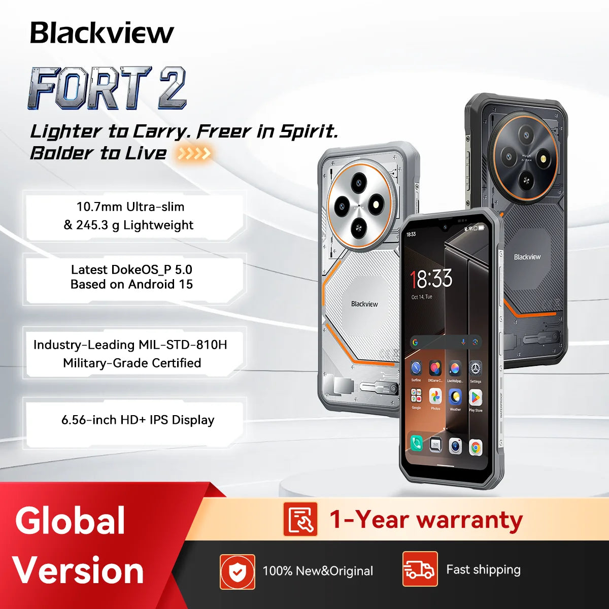 Blackview FORT 2 Smartphone, 6.78" HD+ IPS Display,MediaTek Helio G81 Processor,5000mAh Battery,Outdoor Rugged Mobile Phone