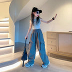Cargo Pants for Teenage Kids New Summer Streetwear Hip Hop Sweatpants for Girls Baggy Wide Leg Straight Trousers 6 8 10 12 14 Y