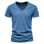 Spring Summer Cotton T Shirts Men 2025 Simple VNeck Stretch Solid New Tops Clothing Casual Tshirt Man Streetwear Cool Tee Shirts