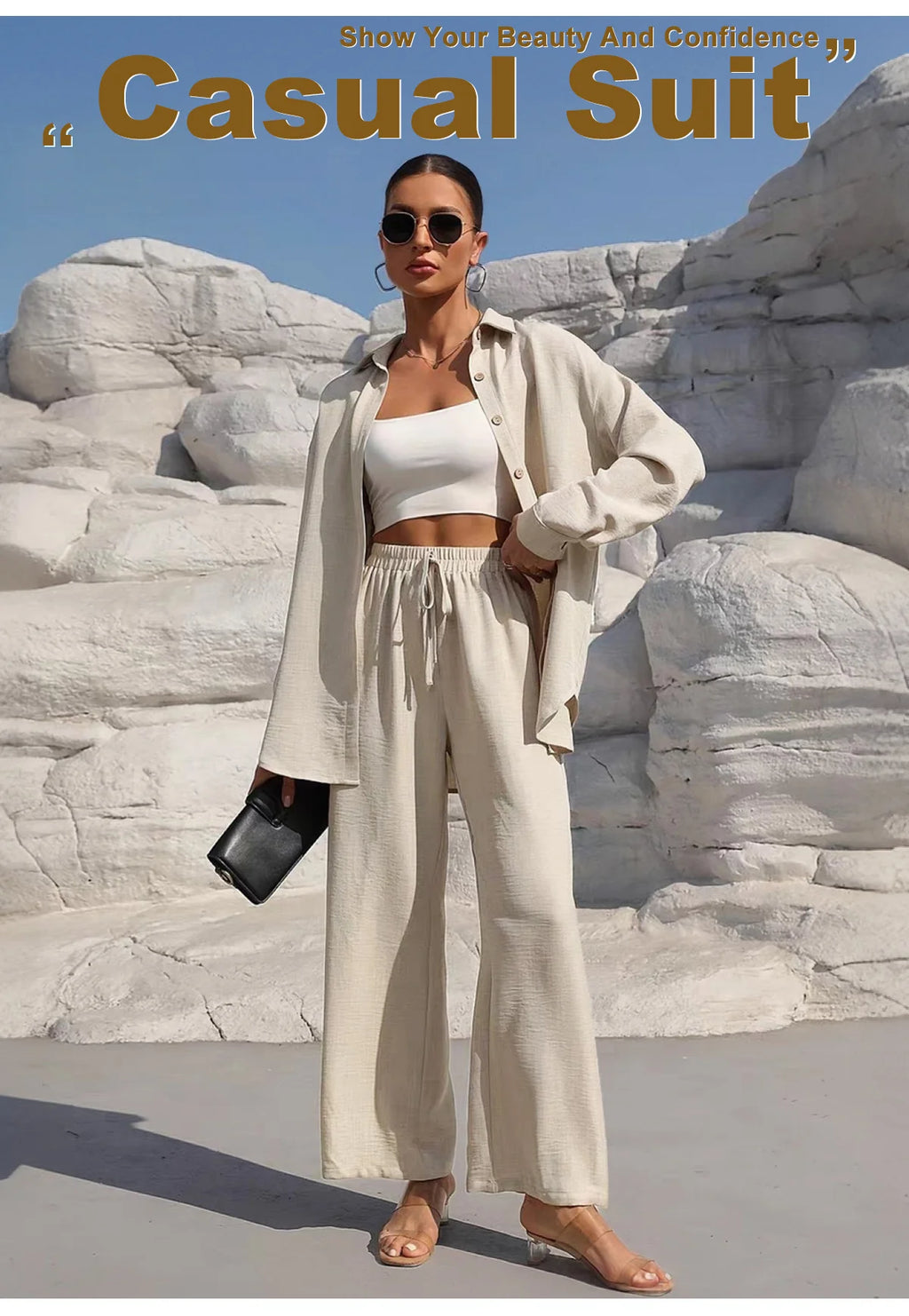 Women's Solid Button Front Shirt & Tie Front Wide Leg Pants Two-piece Set, Casual Drop Shoulder Long Sleeve Blouse Top & Trouser