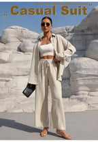 Women's Solid Button Front Shirt & Tie Front Wide Leg Pants Two-piece Set, Casual Drop Shoulder Long Sleeve Blouse Top & Trouser