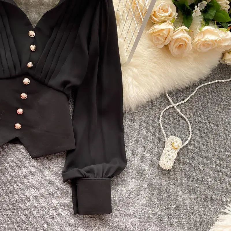 White Casual Polo-Neck Pullover Buttons Puff Sleeve Straight Women's Blouse Short Shirt Female Clothing Tops 2024 Fashion