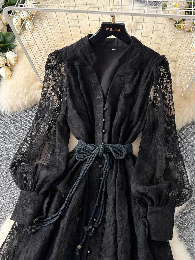 Spring Autumn French High-end Women's Dress New Lace Embroidery V-neck Lantern Sleeves Single Breasted Party Birthday Dress C192