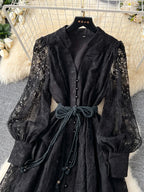 Spring Autumn French High-end Women's Dress New Lace Embroidery V-neck Lantern Sleeves Single Breasted Party Birthday Dress C192