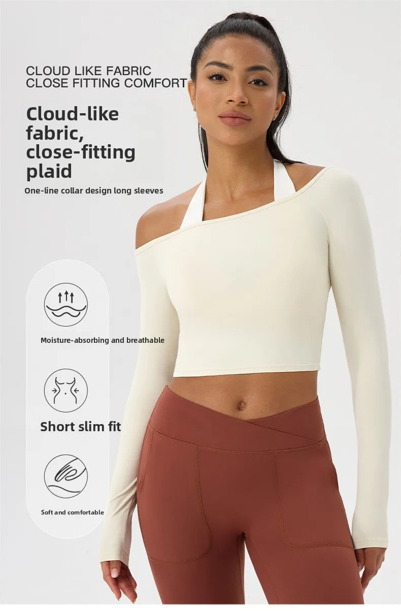 Yoga long-sleeved T-shirt women's one-shoulder sexy tight fitness wear top nude feel quick-drying sports sleeved Yoga Shirts