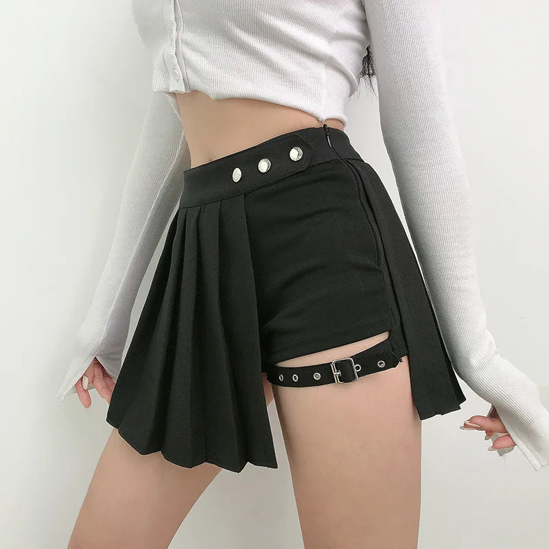 Pleated Girls Gothic Half Skirts Summer Harajuku Punk Style Plaid Irregular Skirts Women Asymmetrical High Waist Black Skirts Ürün ana görseli