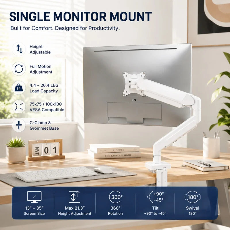 Universal Single Screen Support Arm, 13-35 Inch Compatible, Flexible Height Adjustment, Practical Accessory for Office Desktops