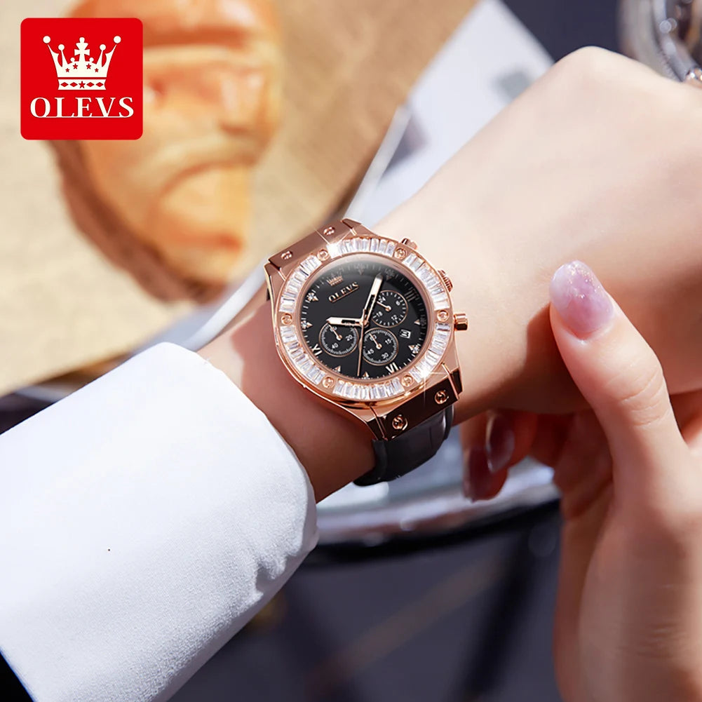 OLEVS 9978 Womens Watch Multifunctional Quartz Watch Waterproof Luminous Leather Strap Elegant Fashion Watches For Woman Gifts