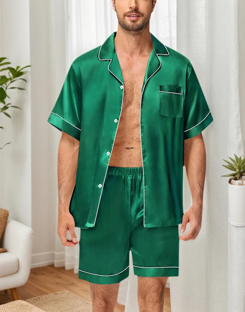 Men's Silky Satin 2Pcs Pajama Set Short-Sleeve Lapel Chest Pocket Shirt And Shorts Smooth Touch Soft Sleepwear Cozy Nightshirts