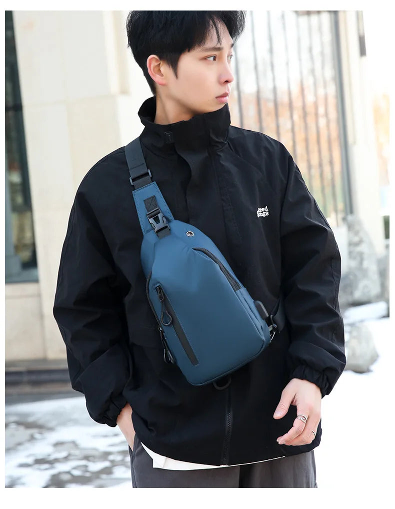 Men Bag Fashion New Solid Color Men Chest Bag Outdoor Casual Fashion One Shoulder Crossbody Bag Nylon USB Charging Shoulder Bags