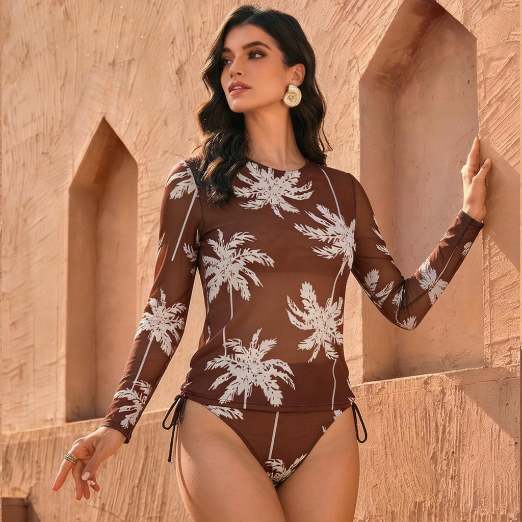 Women's Two Piece Swimwear Long Sleeve Mesh Swimsuit UPF 50+ High Elasticity Padded 2026 New Beach Bathing Suit Beachwear