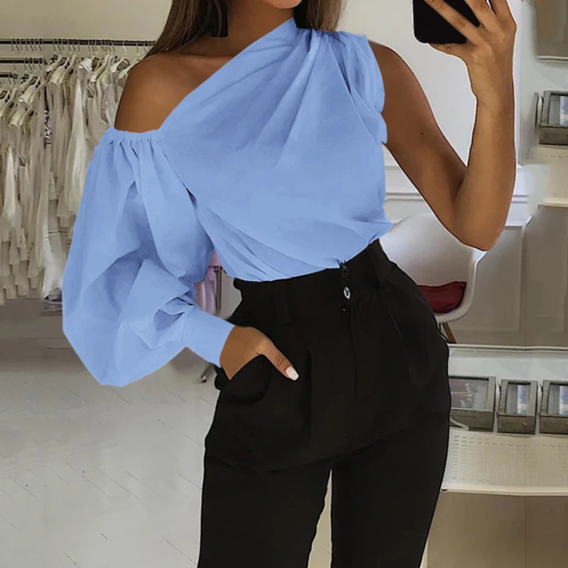Sexy Off Shoulder Women Shirts Summer Lantern Sleeve Blouse Casual Loose Solid Tops Lady Elegant Blusas Femme Streetwear Shirt