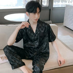 High Quality Pajamas Set Men Spring Autumn Thin Polyester Ice Silk Long-sleeved Sleepwear Plus Size Summer Home Clothes Male