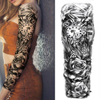1 Sheet Full Arm Compass Zeus Skull Tiger Lion Flower Temporary Tattoos Sleeve For Men Women Adults Fake Temp Sticker Tattoo