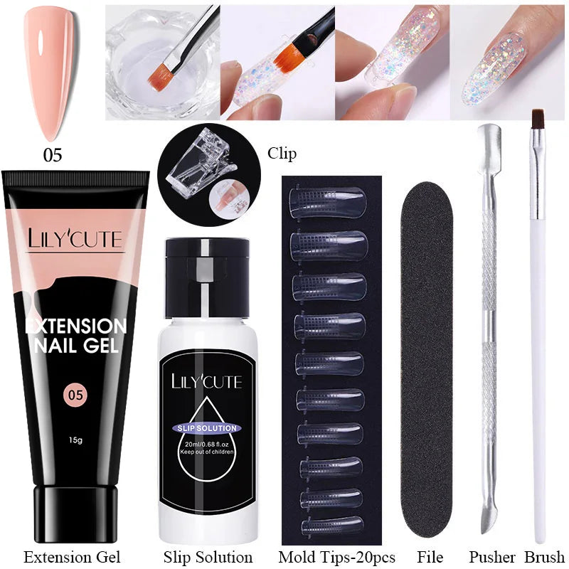 LILYCUTE 15ml Extension Gel Nail Polish Set Quick Nail Prolong With Extend Mold Nail Tips Acrylic Solution Manicure Tools Kit
