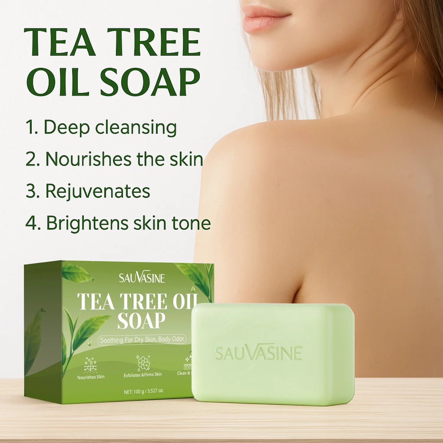 Tea Tree Oil Soap Bar for Men & Women, Deep Cleansing, Soothing for Dry Skin, Body Odor Care, Exfoliates & Firms Skin, 100g Ürün ana görseli