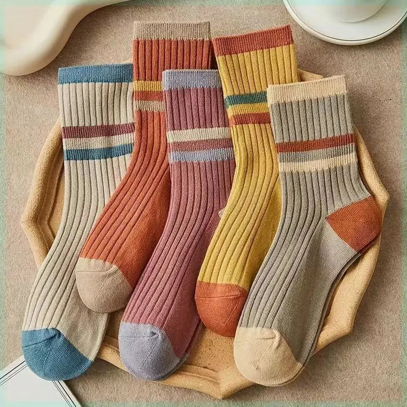 5 Pairs Striped Print Socks for Women Comfy Soft Mid Tube Socks Winter  Harajuku Funny Casual Sock Women's Stockings Hosiery Ürün ana görseli