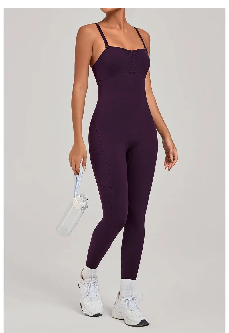 Women's Yoga Jumpsuits Sports Fitness One-piece Beauty Back Strap Pocket Hip-lifting Slim Fit Running Workout Training Bodysuits