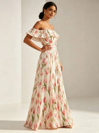 2026 summer off-the-shoulder tulip print plus size slimming square neck maxi dress