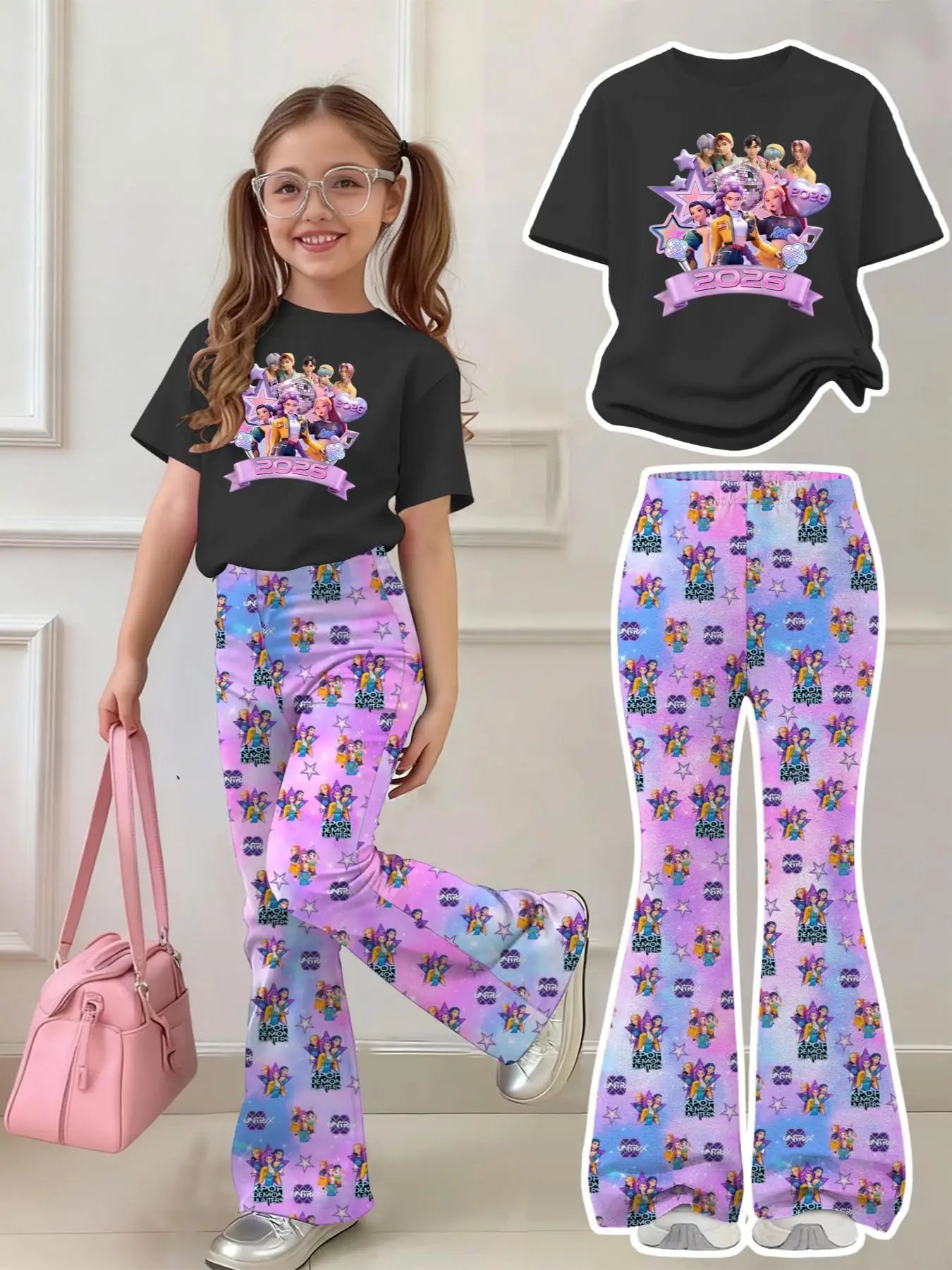 Girls 2-Piece 2026 K-Pop Concert Outfit - Black Graphic T-Shirt & Pastel Character Print Flared Pants Set for Kids Ürün ana görseli