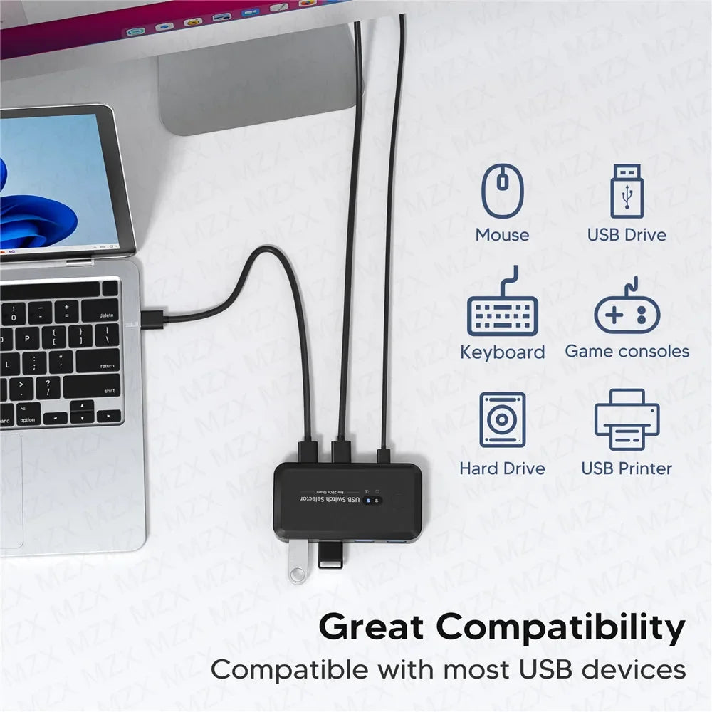 MZX USB 3.0 Switch KVM Switcher Selector Hub Docking Station Dock for 2 Laptop PC Share Keyboard Mouse USB Devices Printer SSD