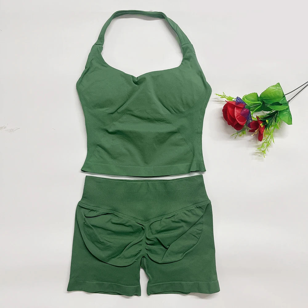 yoga outfits Women 2 pcs Sports DFNNYE Impact Set halterneck Backless Halter Top Seamless Scrunch Shorts Gym Workout Sports Suit