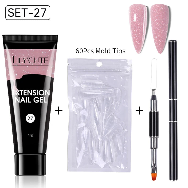 LILYCUTE 15ml Extension Gel Nail Polish Set Quick Nail Prolong With Extend Mold Nail Tips Acrylic Solution Manicure Tools Kit