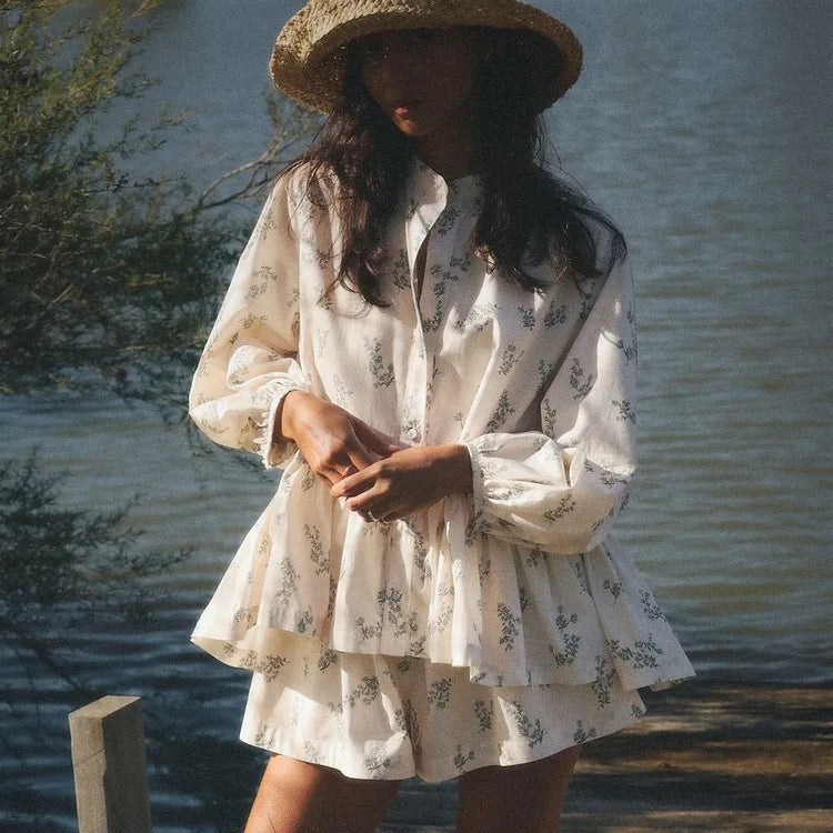 Casual Beige Print Women's Two Pieces Set Fashion Stand Collar Wrist Sleeve Ruffled Shirts And High Waisted Shorts Suit Woman