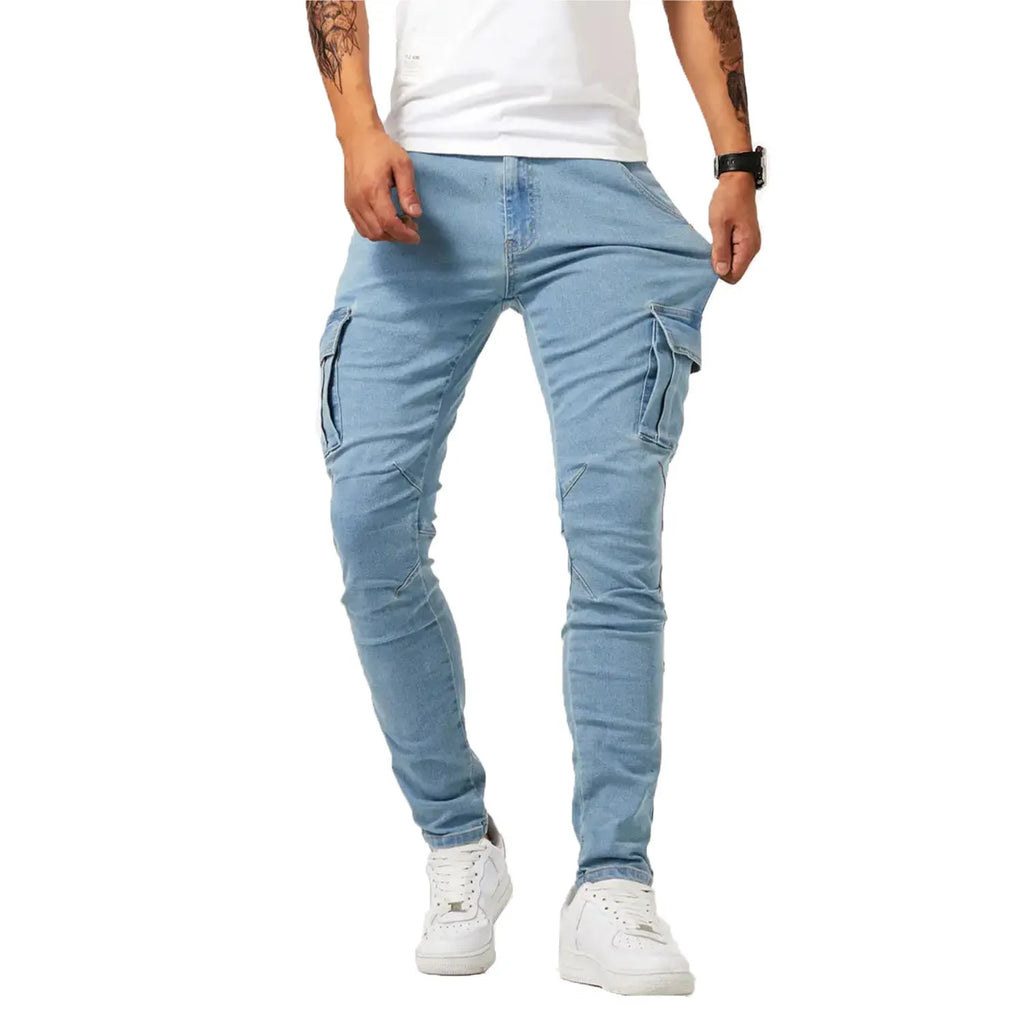 Men's street stretch denim jeans, washed solid color multi pocket work pants, casual slim fit, daily wear, jogging pants, mid wa