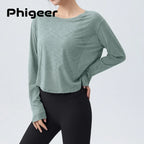 DRUR Women's Long Sleeve Yoga T-Shirts, Loose Fit Sports Fitness Crop Tops Casual Lightweight Thin Shirt For Gym Street Travel
