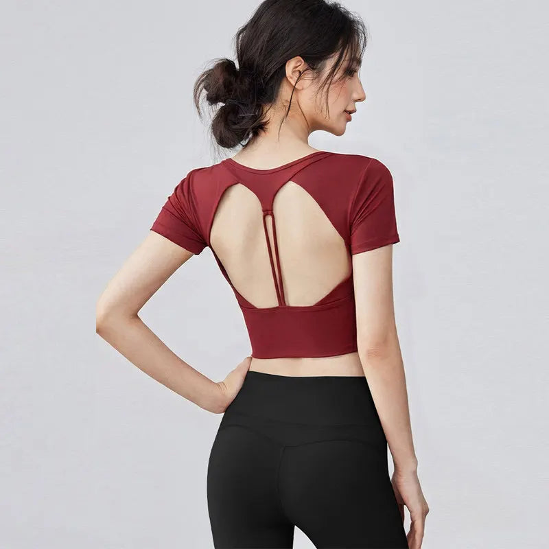 Women's Pilates Training Fitness Chest Cushion Yoga Top Quick Drying Breathable Sports Short Sleeve High-End Feeling Yoga Shirt