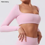 Hearuisavy Summer Quick Dry Square Neck Activewear Women Gym Top Fitness Sports Crop Top Female Casual Long Sleeve Yoga Clothes
