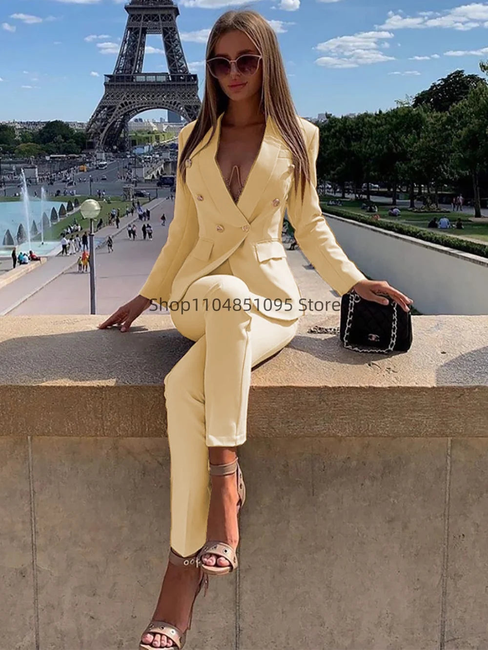 New Elegant Pant Suits Women's Western-Style Beige 2PCS Set Smooths Your Silhouette Through Commuting Casual Women Suits Set Ürün ana görseli