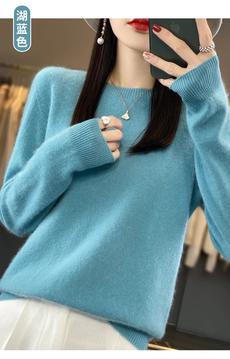100% Merino Wool Sweater Women O-neck Cashmere Knitwear Female Pullover Autumn Winter Casual Tops Solid Color Soft  Clothing