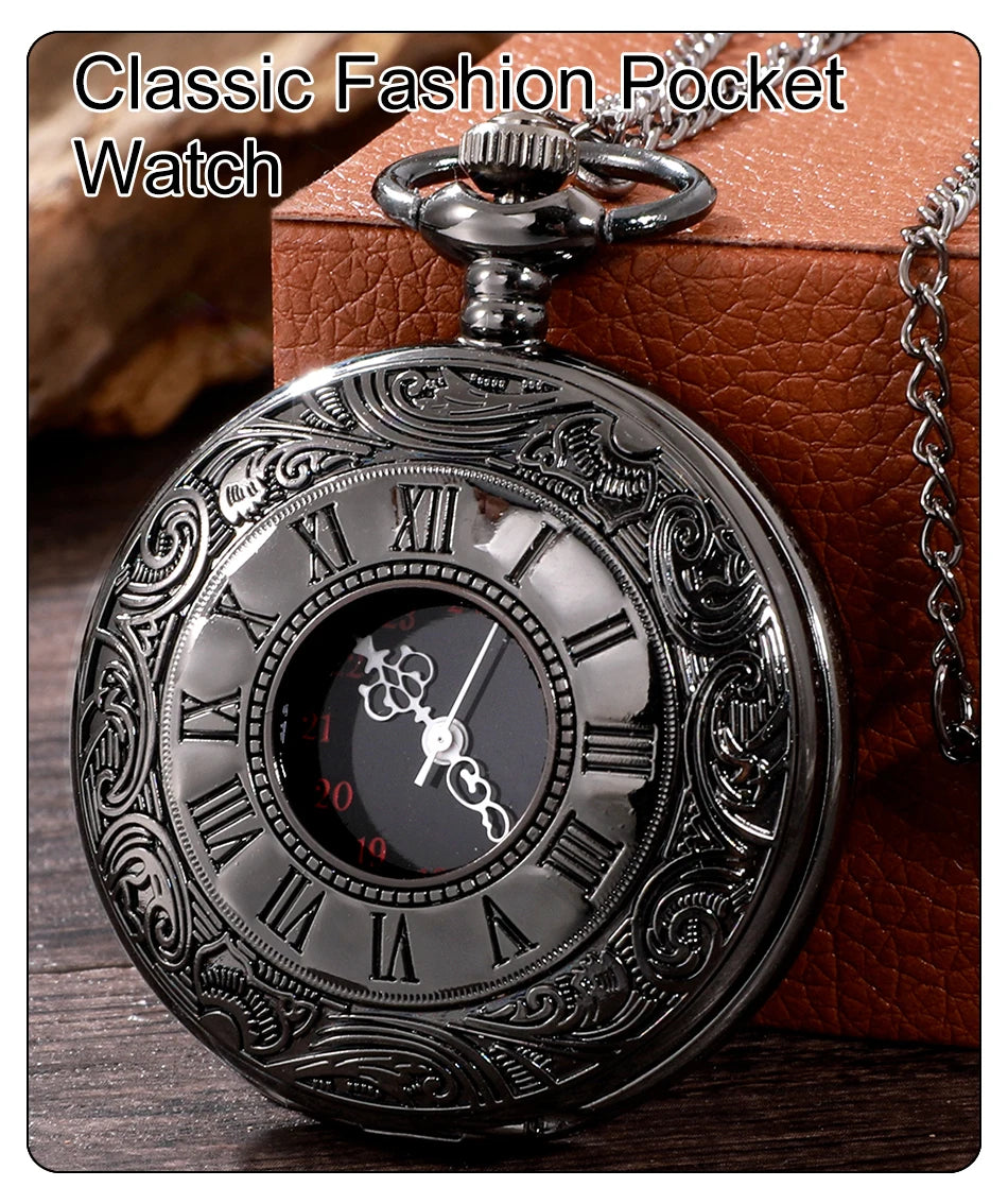 Vintage Charm Black Unisex Fashion Roman Number Quartz Steampunk Pocket Watch Women Man Necklace Pendant with Chain Gift