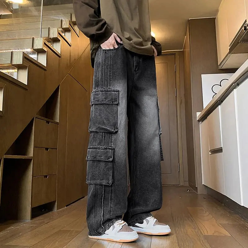 Autumn New Men's Loose Jeans Multi-pocket Work-wearing Jeans Street Hip-hop Straight Wide-leg Pants Baggy Dance Pants Ürün ana görseli