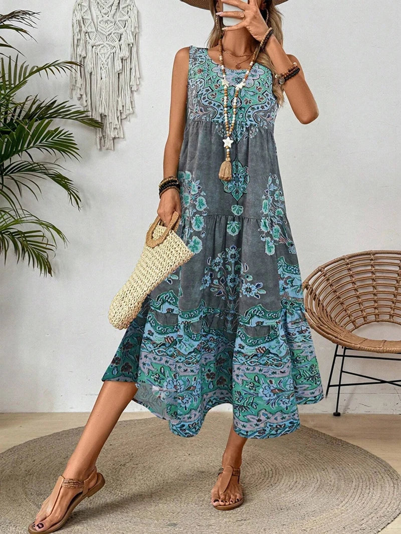 Summer print crew-neck sleeveless dress for women  suitable for casual or beach wear for holiday and long holiday Ürün ana görseli